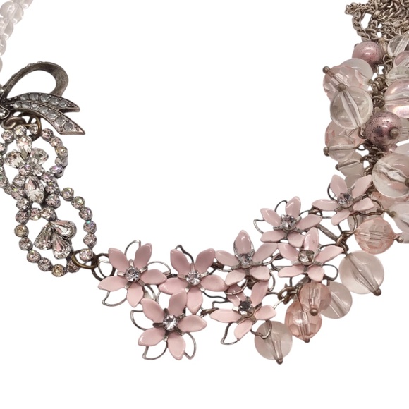 Romantic Pink Statement Necklace with Bow & Floral Beads, Vintage Inspired - Picture 7 of 16